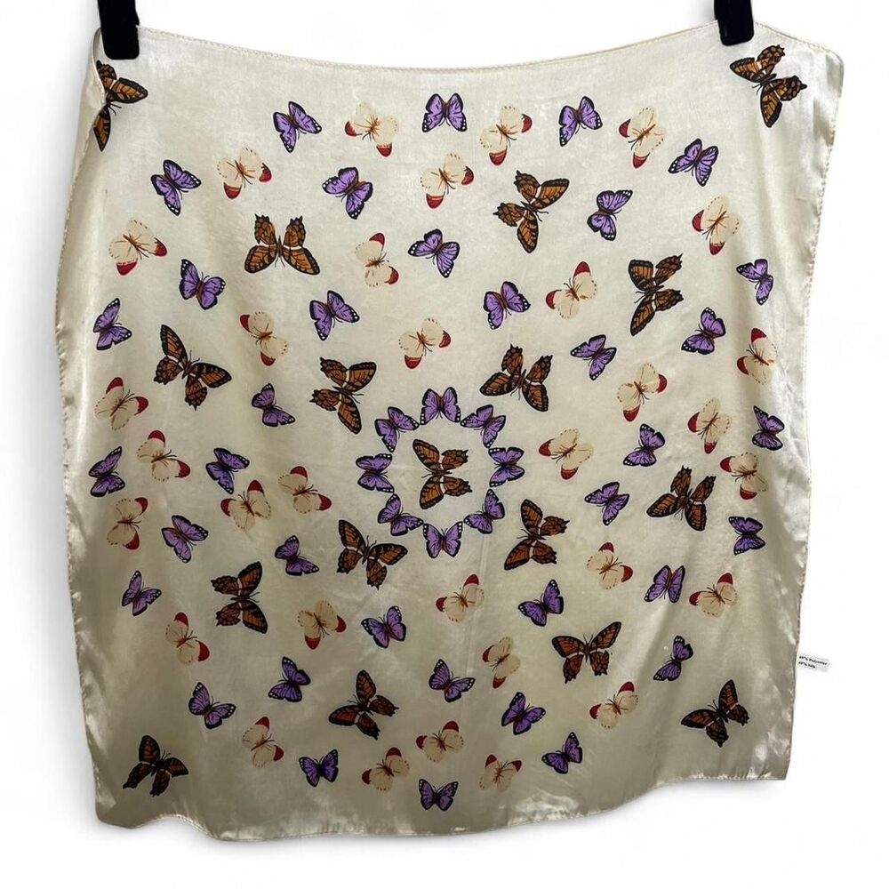 Silk Blend Cream Purple Butterfly Square Scarf